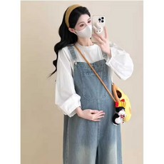 예쁜 봄 가을 임부복 임산부 옷 연청 워싱 데님 멜빵바지 와이드 청바지 점프슈트