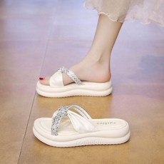 拖鞋 拖鞋女夏季輕量透氣增高厚底拖鞋時尚懶人鞋簡約一字拖防水止滑耐磨涼拖鞋媽媽百搭外出拖鞋舒適室內軟底拖鞋運動涼鞋休閒鞋平底鞋, 米白色, 37