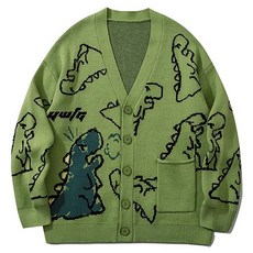 ROYALBELLE 남성 캐릭터 공룡 패턴 브이넥 단추 니트 카디건 루즈핏에 포켓 있음 E0120212
