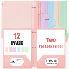 HOUYEE 12팩 플라스틱 폴더 포켓 2개 3홀 펀치 3링 바인더용 파일 명함 슬롯 1/6 컷 탭 및 라벨 레터 사이즈 학교 사무실 가정 업무용 107957, 12