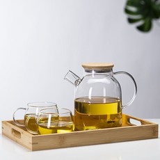 高硼硅玻璃茶壺 1800ml 竹蓋 附4杯茶盤, 1800ml竹包鋼蓋+2盃+茶盤