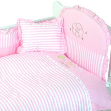 ViVibaby 童話寶貝條紋寢具七件組 嬰兒床寢具組 (床包/護圈), 粉色