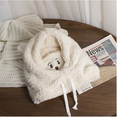 帽子圍脖一體女冬新款加絨加厚騎車防風防寒電動車保暖套頭帽, 1個, 口罩熊-白色