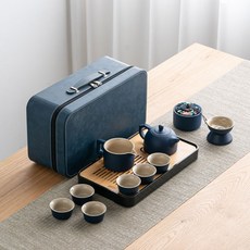 功夫茶具套裝 陶瓷茶杯茶盤旅行便攜組, 1個, 藍色井欄壺+藍包