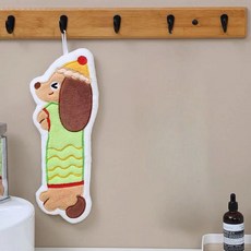 臘腸狗可愛刺繡卡通可掛式擦手巾 強吸水 不掉毛 廚房衛生間抹布, 綠衣服臘腸狗,39*11, 1個