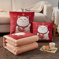 겨울용 기모 안감 두꺼운 크리스탈 벨벳 베개 겸 이불 2-in-1 침실 및 차량용 쿠션, 40*40cm를 펼치면 100*150 ±3cm, 평안과 기쁨을 가져다주는 복고양이 두꺼운 크리스탈 벨벳