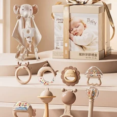 YIMIU 嬰幼兒安撫手搖鈴磨牙膠寶寶玩具禮盒, 送禮優選 簡奢入門款 10件套嬰兒搖鈴禮盒, 無