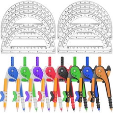 ZEALOR 32팩 수학 나침반 및 각도기 세트 기하학 15.2cm(6인치) 플라스틱 드로잉 연필 포함 벌크 학생 교실 학교 사무실 목공 아트 드로잉용, 16
