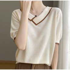 여성 배색 라인 포인트 브이넥 카라 반팔 니트티 3COLOR