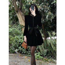 여성 복고풍 우아한 벨벳 원피스 퍼프소매 데이트룩, 블랙 숏 드레스
