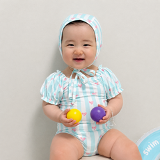 로이앤한나 예쁜 핑크하트 민트스트라이프 3개월 6개월 9개월 돌 여자아기 여아 셔링 반팔 원피스 수영복 래쉬가드 수모 세트