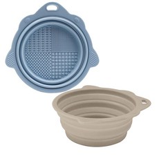 PawSailor 2팩 접이식 실리콘 강아지 그릇 368.5g(13온스) 휴대용 반려동물 사료 및 물 접시 땅콩 버터용 미끄럼 방지 질감 베이스가 있는 여행용 그릇(릭 매, 아이보리-블루