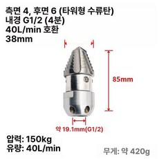 하수구노즐 고압 청소 부품 배관 노즐 회전 버섯머리 25L, 기본 모델명/품번, 40L 150KG 4 6 1 2인치