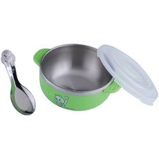 KOM 316不鏽鋼 兒童隔熱碗 附湯匙 角落生物 矽膠蓋 磨砂 不鏽鋼碗 雙層隔熱碗 幼兒園碗 兒童碗 三色碗 王樣, 1個, 綠色小狗 / 王樣-不鏽鋼雙耳碗, F, F