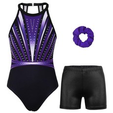 JOYSTREAM Gymnastics 반바지 달린 여아용 레오타드 반짝이는 발레 댄스 클래스프 백 액티브웨어 딥 바이올렛 다이아몬드 4-5T, JOYSTREAM Gymnastics 반바지 달린 여아