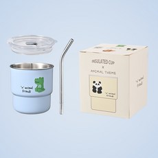 網紅熊貓咖啡杯304不鏽鋼吸管杯帶蓋創意情侶水杯車載便攜早餐杯, 1個, 藍色鱷魚:450ml