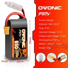 OVONIC 3s 4s 6s 리포 배터리 150C 650mAh XT30XT60 커넥터 포함 RC FPV 레이싱 드론 쿼드콥터용, 03 150C-650mAh-3S-XT30