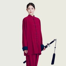 新款太極服亞麻武術比賽表演服裝練功服中國風, 棗紅色翻袖套裝,XS