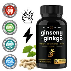 은행잎과 비타민 B12를 함유한 인삼 캡슐은 에너지 활동 능력 및 집중력을 향상시켜 줍니다., 3개, 90정