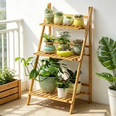 쿠리브 원목색 화분받침대 화분 정리대 다용도 수납선반, 3단, 원목 50cm
