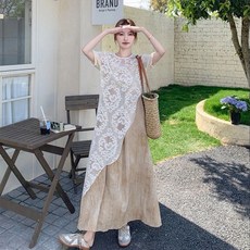 RCLET 여성 캐주얼세트 언밸런스 레이스 반팔 롱티+끈나시 쿨원피스 투피스 여름세트 데이트룩