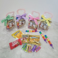 [10+1개] 어린이집 유치원 생일 선물 답례품 간식 세트 구디백, 하트손잡이 간식구디백, 11개, 간식 5종 + 레인보우 색연필 세트