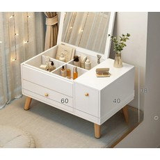 창가형 좌식 화장대 접이식 LED거울 화이트 대용량수납 H 60cm 웜화이트 LED 조명 포함 인조 판넬 조립형, H 60cm 러버우드+화이트