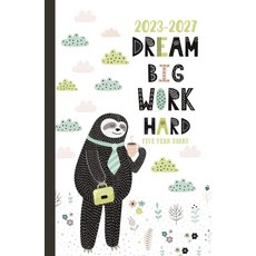 2023-2027 A5 5년 일기 드림 빅 워크 열심히 일하는 동기 부여 나무늘보 하드커버: 영국 공휴일 비전 보드 달 단계 생일 및 축하 행사가 포함된 보기 플래너, 기본