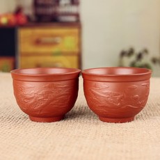 紫砂功夫大號茶杯陶瓷龍鳳浮雕茶碗復古主人杯子, 1個, 朱泥龍鳳仿古缸杯（兩個裝）