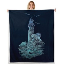 해상 등대 플리스 담요 바다 파도 스플래시 스프레이 플라잉 버드 바다 탐색 테마 손으로 그린 셰르파 담요 장식용 소파 담요 담요 담요 127 x 152.4cm(50 x
