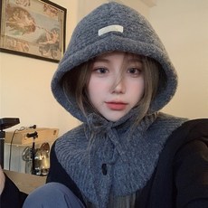 워너비벌룬 바라클라바 니트 후드 방한 넥워머 무지 단추 리본 따뜻한 울소재, 차콜, 1개
