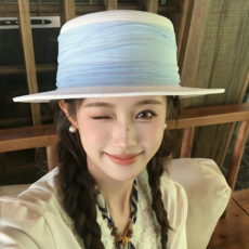 法式織帶平頂草編帽 女款 夏季度假風防曬遮陽帽, 藍色織帶-白, 可調節（54-58cm）