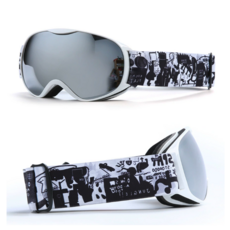 貓咪太空人滑雪護目鏡，防紫外線防霧，冬季運動必備, 白框銀片（塗鴉）, 1個