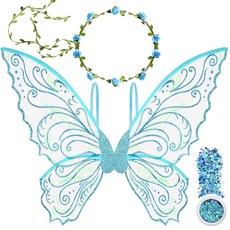 U-Goforst 성인용 요정 날개 여성용 나비 날개 할로윈 코스튬 코스프레 드레스업 꽃 왕관과 글리터가 있는 반짝이는 날개, 블루