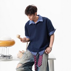 UR 假兩件Polo衫 學院風短袖上衣 男女同款
