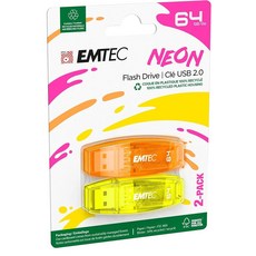 EMTEC C410 네온 16GB 플래시 드라이브 - USB 2.0 - 투명 네온 캡 포함 3개 팩, 2-Pack 64GB