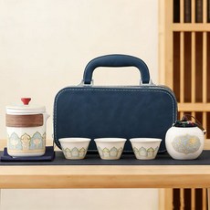 旅行茶具套裝戶外便攜式陶瓷快客杯一壺三杯辦公室泡茶壺喝茶禮品, 白色古韻一壺三杯一罐-藍皮包, 如图, 1個