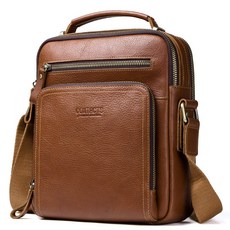 黑天使瘋馬牛皮男士斜挎包多功能休閒真皮手提單肩斜揹包-耐用大容量, 棕色