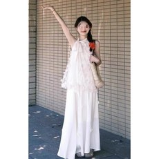 Yellwel 부드러운 스타일 입체 꽃 무소매 슬림 원피스 여름 DJP