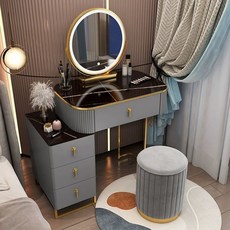 세트 캐비닛 확장형 LED 거울 북유럽 스툴 포함 수납, 인조 보드, 완제품 조립 완료, 그레이블랙 60cm 스마트 미러 라운드 스툴