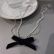 벨벳 리본 큐빅 초커 목걸이 동글 사슬 두줄 레이어드