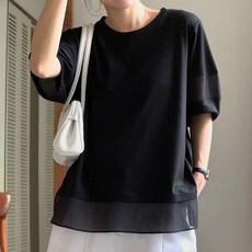 로로텐 쉬폰 배색 퍼프 반팔 티셔츠 옆트임 라운드넥 여성 빅사이즈