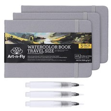Art-n-Fly Art N Fly 수채화 워크북 세트 - 스케치북 및 브러시 팁 마커 저널 북 페인팅 여행용 붓펜 3개 책 3권 포함