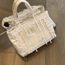 熱麥 花嫁大容量單肩托特包 透明二次元漫展配絲帶, 1個, 【花邊緞感痛】白色