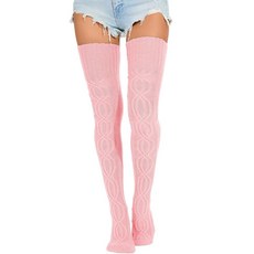 HYTENSUN 여성용 니트 허벅지 높이 양말 두꺼운 무릎 위 양말 크로셰 튜브 레그 워머 부츠 스타킹 핑크