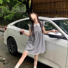 Yellwell 여름용 여성용 체크 패턴 레이스 패치워크 디테일 루즈핏 슬림 디테일 미니 원피스 DJP