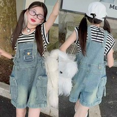 삐삐네옷가게 여아 주니어 캐주얼 카고 반바지 데님 멜빵