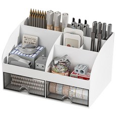 연필꽂이 서랍식 데스크 수납함 21.1 x 14.2 x 12 cm, 화이트, 1개