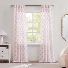 Laura Ashley 리본 창문 커튼 로드 포켓 포함 길이 213.4cm(84인치) 패널 2개 세트 빛 필터링 핑크_154869