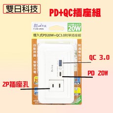 朝日科技 UR081 埋入式快充暗插座組 PD 20W QC 3.0 PD插座組 2P插座, 1個